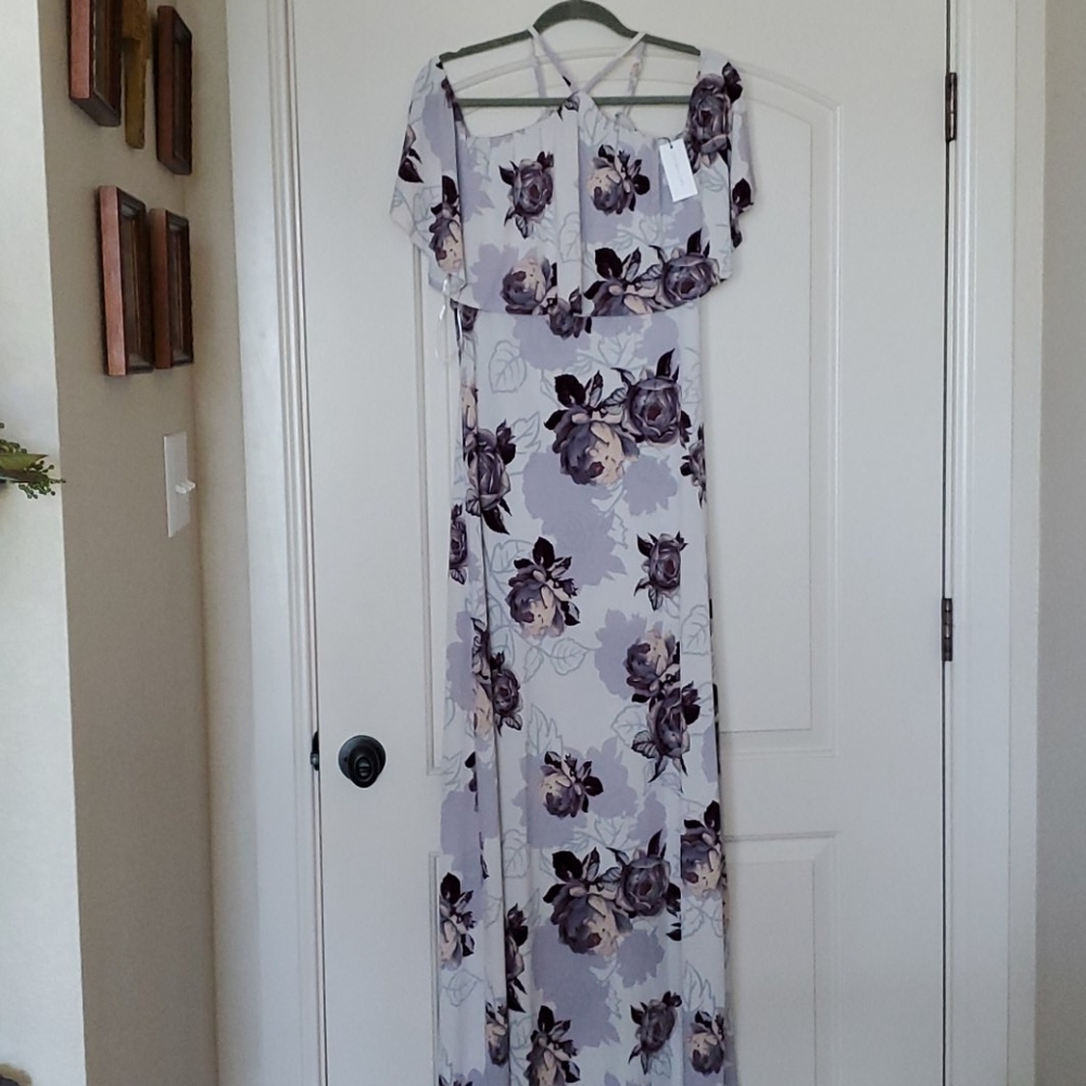 Light grey/mauve floral off the shoulder maxi dres